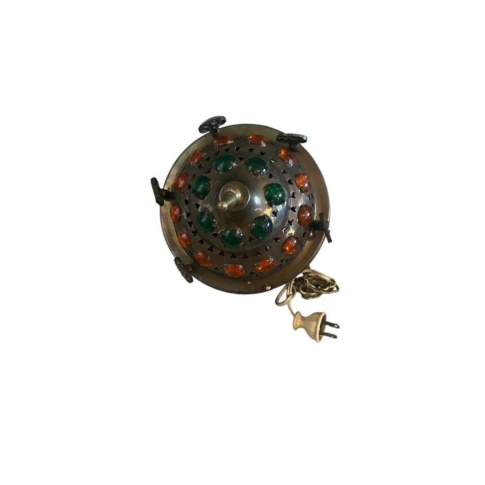 Vintage Moroccan Brass Jeweled Lantern Hanging Swag Lamp Colorful Glass Cabochon